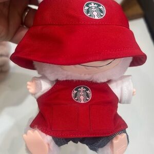 Labubu 3pcs Red Barista Outfit – Apron, White T-Shirt & Red Bucket Hat, 5.5”